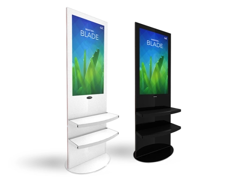 Makitso Blade 40" - 4K Digital Signage Kiosk, White and Black Finish, Shelf Option, Right View