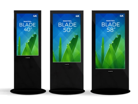 Makitso Blade 40", 50" and 58" - 4K Digital Signage Kiosks, Black, Front View