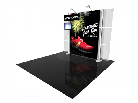 ECO-1049 10' x 10' Sustainable Hybrid Display with Main Graphic and Graphic Header and LCD Monitor Right View