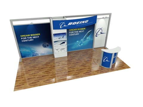 ECO-2109 Hybrid S 20ft Inline Modular Display with Boeing Graphics and Counter with Storage Area Left Down View