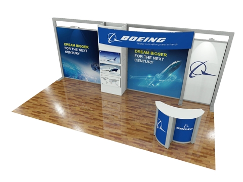 ECO-2109 Hybrid S 20ft Inline Modular Display with Boeing Graphics and Counter with Storage Area Right Down View