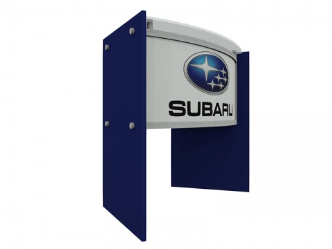 ECO-46C Sustainable Podium with Acrylic Top, Wood Side Panels with Blue Finish, Direct Print Front Graphic Right View