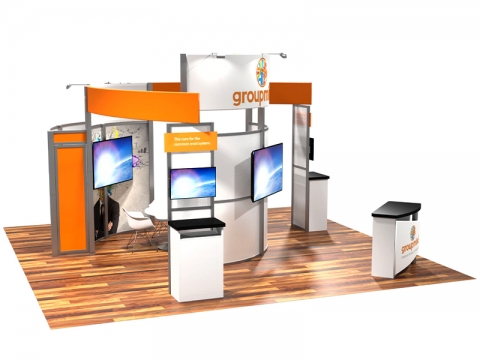 ECO-4009 20ft Sustainable Hybrid Island Exhibit with 2 Monitor Stations, 2 Large Monitors, Graphics and Conference Room