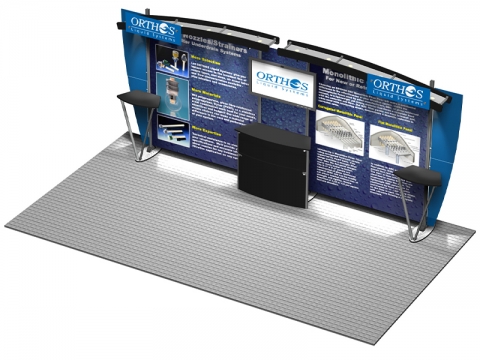 Exhibitline EXB.1020.2 20ft Inline Hybrid Display with Graphics, Wing Panels, Center Counter with Monitor and Two V Counters, Down View