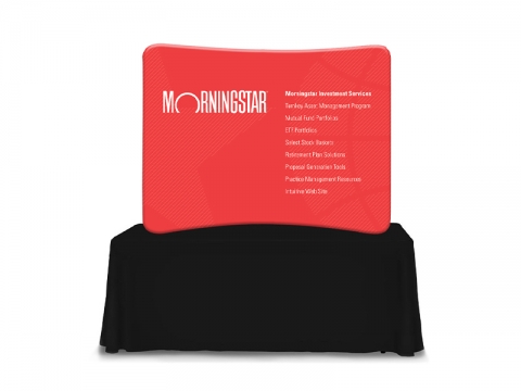 EZ Tube 6ft Tabletop Curved Single-Sided Graphic Display on Table with Black Table-cover EZ Tube 6ft Tabletop Curved Single-Sided Graphic Display