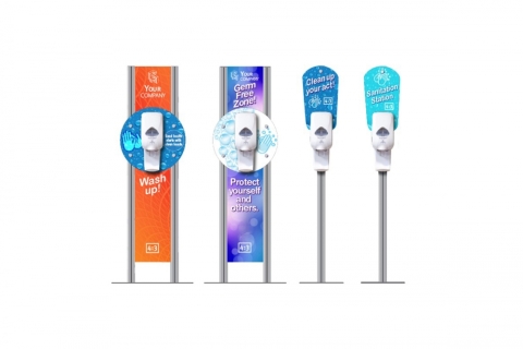 four floor mounted hand sanitizer stations with custom graphics