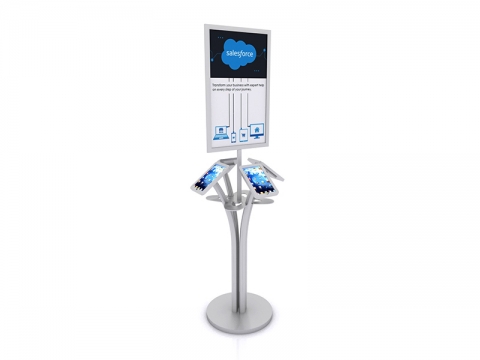 MOD-1347 Portable iPad Kiosk for Four iPads, Sign and Shelf Silver Finish Round Base