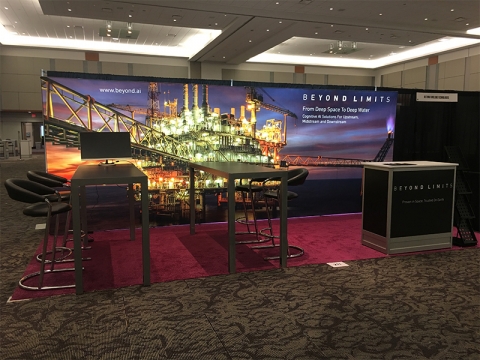 NEXT! 20ft Backlit SEG Inline Pop-up Display Live View NEXT! 20ft Backlit SEG Inline Pop-up Display Live View with Tables and Chairs and Counter
