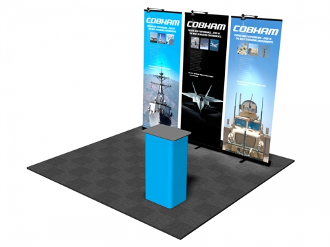 Pronto Retractable Banner Stand 10ft Display Package with 3 Pronto Displays with Graphics, and Lights and Podium Conversion Case Right View