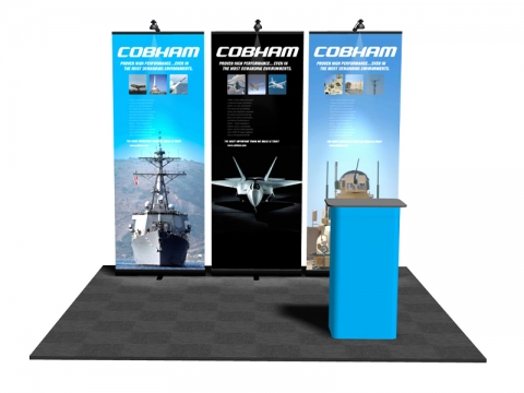 Pronto Retractable Banner Stand 10ft Display Package with 3 Pronto Displays with Graphics, and Lights and Podium Conversion Case Straight View