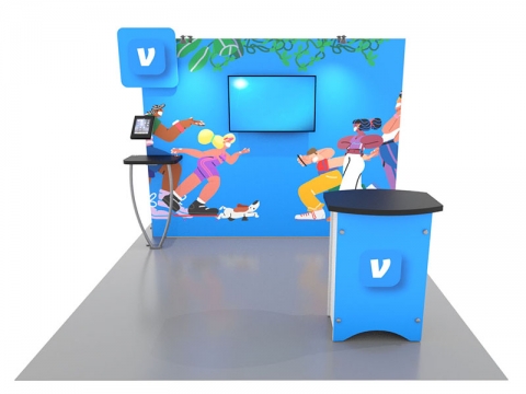 Symphony SKY-1025 10ft Inline Modular Portable Display with Center Monitor, Freestanding Counter, Product Shelf, Floating Graphic Front View