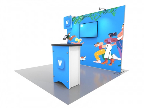 Symphony SKY-1025 10ft Inline Modular Portable Display with Center Monitor, Freestanding Counter, Product Shelf, Floating Graphic Left View