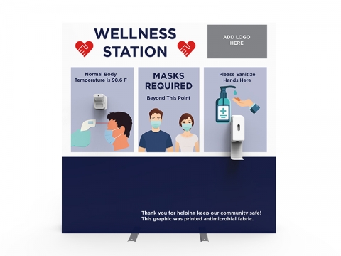 Wellness Station Portable 8ft Pop-up Display with Temperature Gauge and Hand Sanitizer Dispenser with PPE Graphics Front View