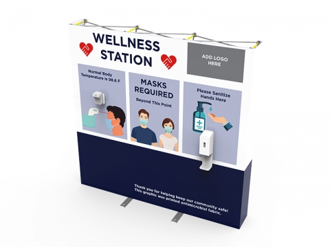 Wellness Station Portable 8ft Pop-up Display with Temperature Gauge and Hand Sanitizer Dispenser with PPE Graphics Left Down View