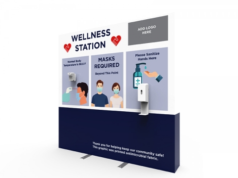 Wellness Station Portable 8ft Pop-up Display with Temperature Gauge and Hand Sanitizer Dispenser with PPE Graphics Left View