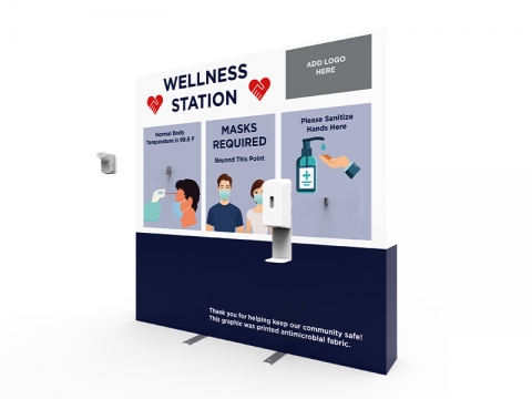 Wellness Station Portable 8ft Pop-up Display with Temperature Gauge and Hand Sanitizer Dispenser with PPE Graphic Assembly