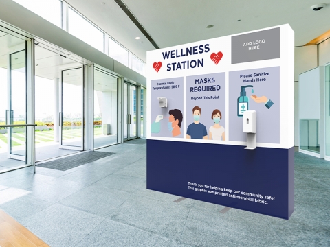 Wellness Station Portable 8ft Pop-up Display with Temperature Gauge and Hand Sanitizer Dispenser with PPE Graphics Live View in Entry Way