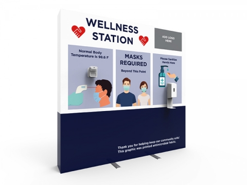 Wellness Station Portable 8ft Pop-up Display with Temperature Gauge and Hand Sanitizer Dispenser with PPE Graphics Right View