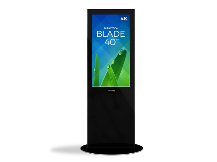 Makitso Blade 40" - 4K Digital Signage Kiosk, Black, Front View, with Green and Blue Image
