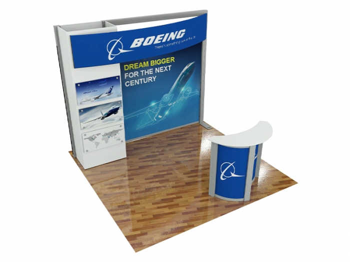 ECO-1109 Hybrid S 10ft Inline Modular Display with Storage, Canopy Header, Direct Print and Dye Sub Fabric Graphics, ECO-3C Counter, Down-Left View