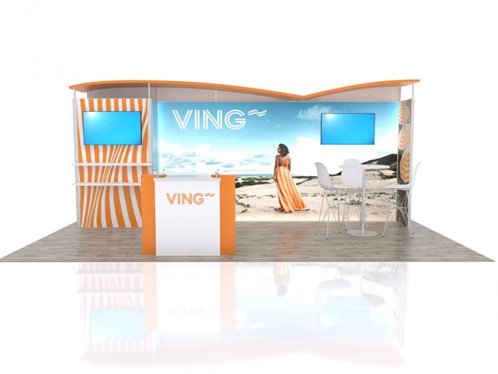 ECO-2057 Hybrid S 20ft Inline Modular Display with VING Graphics and Counter with Storage Area, Two Video Monitors, Canopy Top, Straight View