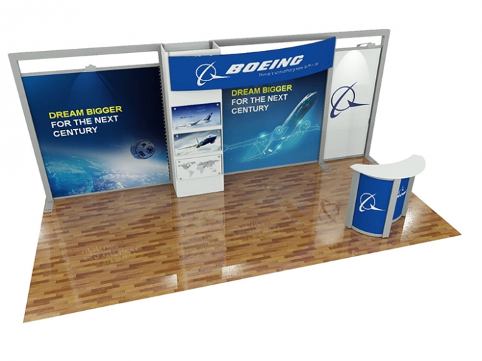 ECO-2109 Hybrid S 20ft Inline Modular Display with Boeing Graphics and Counter with Storage Area Left Down View