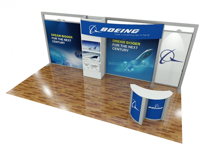 ECO-2109 Hybrid S 20ft Inline Modular Display with Boeing Graphics and Counter with Storage Area Right Down View