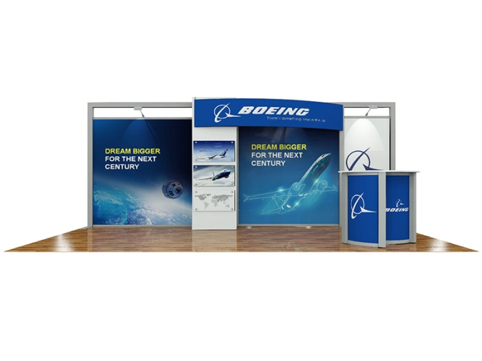 ECO-2109 Hybrid S 20ft Inline Modular Display with Boeing Graphics and Counter with Storage Area Straight View