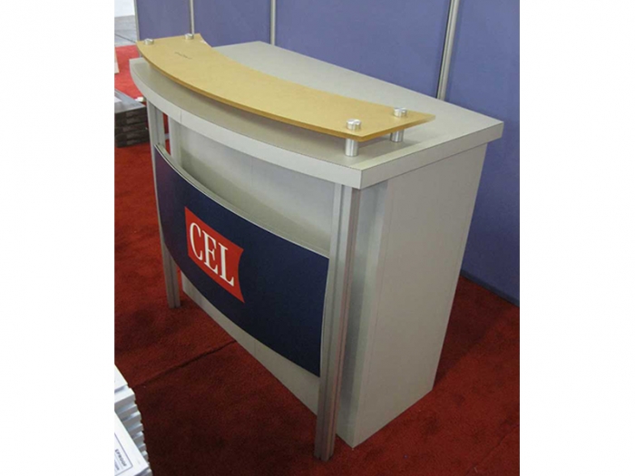 ECO-31C Sustainable Pedestal with Locking Storage Live Left View with Large Front Logo, Frosted Plexiglas Accent Top