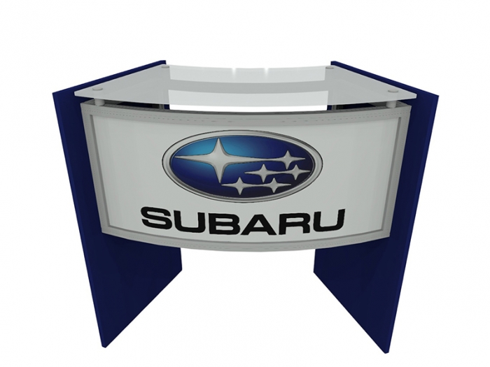 ECO-46C Sustainable Podium with Acrylic Top, Wood Side Panels with Blue Finish, Direct Print Front Graphic