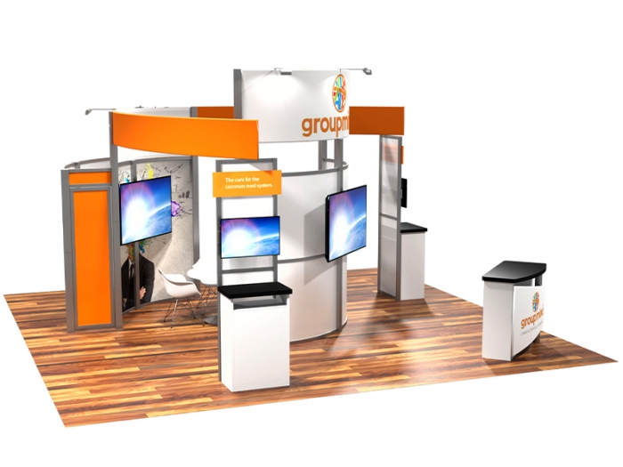 ECO-4009 20ft Sustainable Hybrid Island Exhibit with 2 Monitor Stations, 2 Large Monitors, Graphics and Conference Room