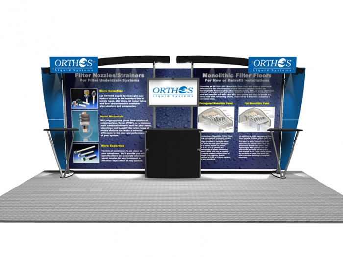 Exhibitline EXB.1020.2 20ft Inline Hybrid Display with Graphics, Wing Panels, Center Counter with Monitor and Two V Counters, Straight View