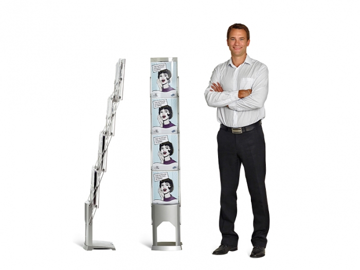 Expolinc Premium Brochure Holder Front View and Profile View with Male on Right