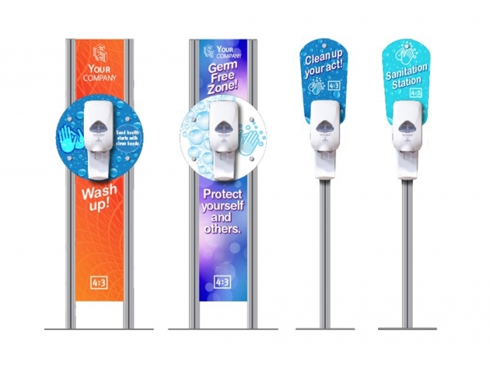 four floor mounted hand sanitizer stations with custom graphics