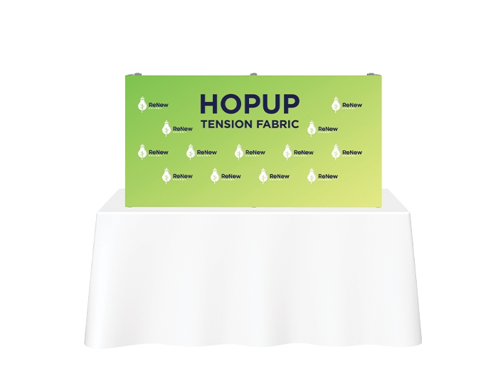 Hopup 5ft Straight Tabletop Tension Fabric Display Straight View Hopup 5ft Straight Tabletop Tension Fabric Display with Fitted Graphic with End Panels Straight View
