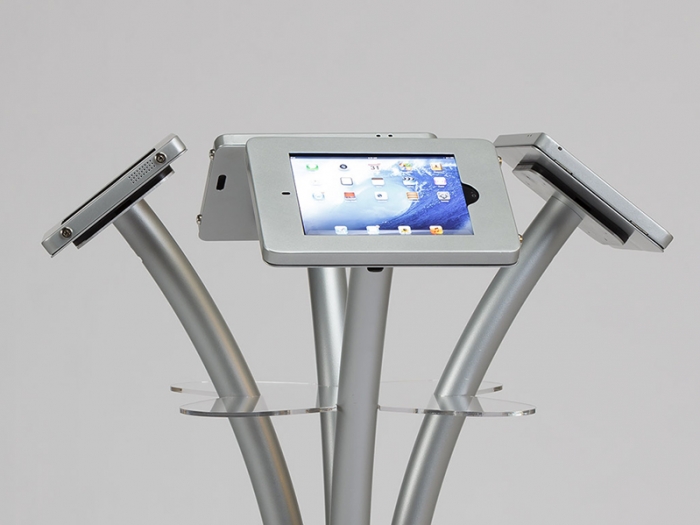 Four iPad Clamshells in Portrait View with Silver Supports and Clear Plexiglas Shelf