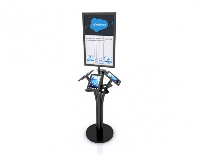 MOD-1347 Portable iPad Kiosk for Four iPads, Sign and Shelf Black Finish Round Base