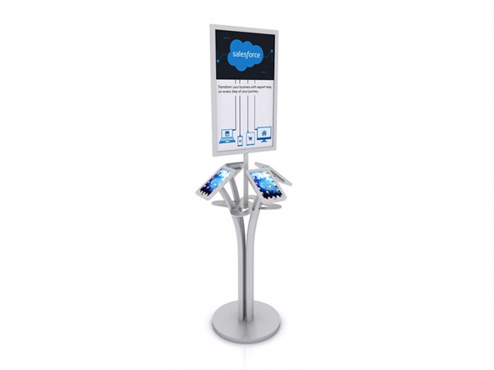 MOD-1347 Portable iPad Kiosk for Four iPads, Sign and Shelf Silver Finish Round Base