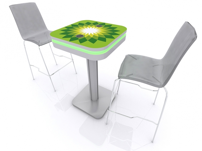 MOD-1463 Portable Wireless Charging Bistro Table Silver with Graphic Top and Green LED Halo Lighting with Chairs