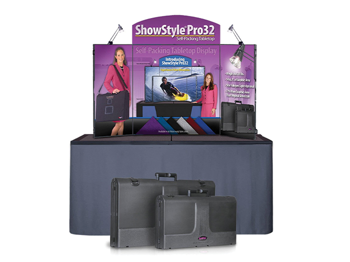 ShowStyle Pro 32 Self Packing Tabletop Display ShowStyle Pro 32 Self Packing Tabletop Display on Table and Shows Closed Cases