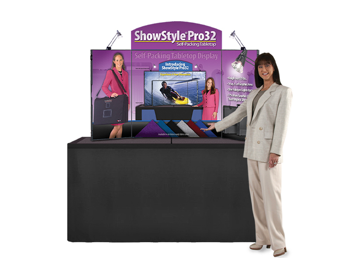 ShowStyle Pro 32 Self Packing Tabletop Display on Table ShowStyle Pro 32 Self Packing Tabletop Display on Table with Girl