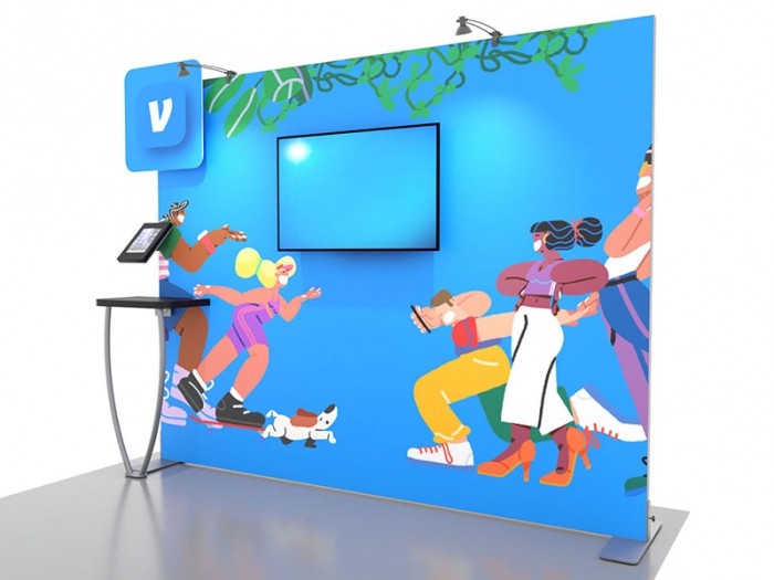 Symphony SKY-1025 10ft Inline Modular Portable Display with Center Monitor, Freestanding Counter, Product Shelf, Floating Graphic Closeup View