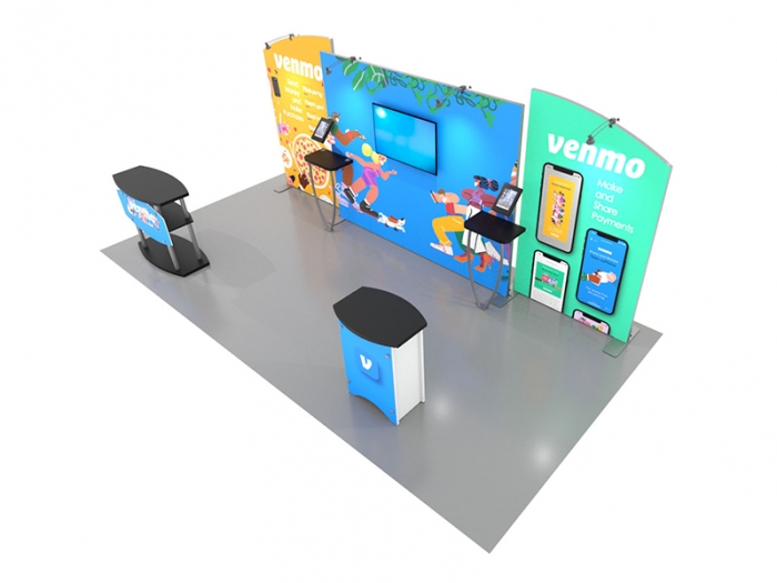Symphony SYK-2018 20ft Inline Portable Display, Flat Center Panel, Arched Side Panels, Graphics and Counters, Right Down View