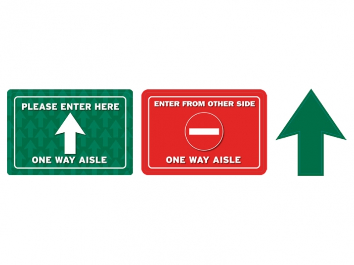 Aisle Way Traffic Flow Vinyl Adhesive Floor Decals Kit with Two Rectangle Signs and Arrow Sign