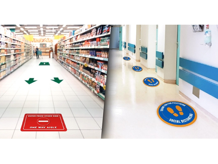 Social Distancing Vinyl Floor Decals in Grocery Store and Corridor