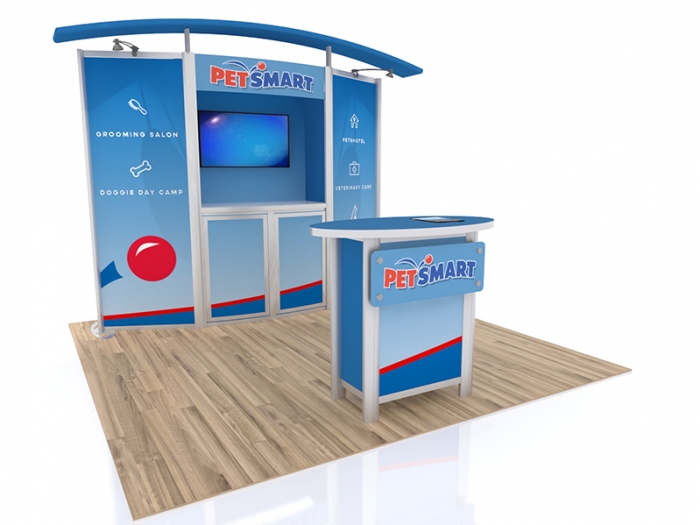 VK-1053 10ft Hybrid Trade Show Display with One External Counter, Internal Storage and Counter, Center Arch, LCD Monitor, Right View