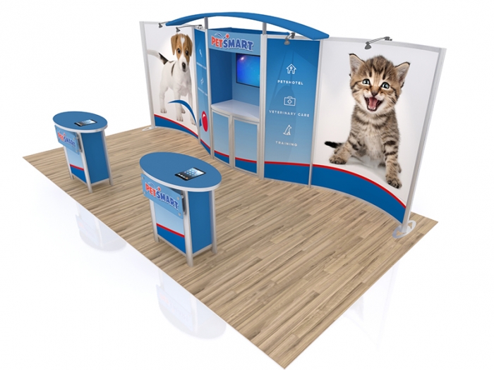 VK-2066 20ft Hybrid Trade Show Display with Two External Counters, Internal Shelf and Counter, Center Arch, LCD Monitor, Left View