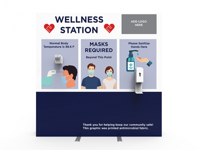 Wellness Station Portable 8ft Pop-up Display with Temperature Gauge and Hand Sanitizer Dispenser with PPE Graphics Front View