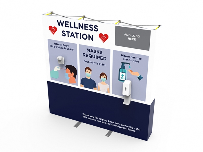 Wellness Station Portable 8ft Pop-up Display with Temperature Gauge and Hand Sanitizer Dispenser with PPE Graphics Left Down View