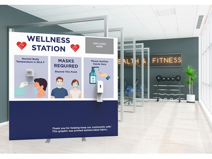 Wellness Station Portable 8ft Pop-up Display with Temperature Gauge and Hand Sanitizer Dispenser with PPE Graphics Live View in Gym